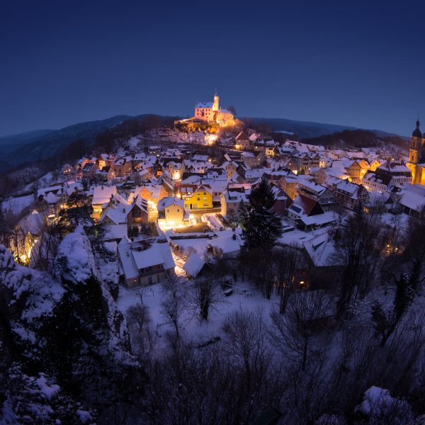 a snowy town with a castle on top