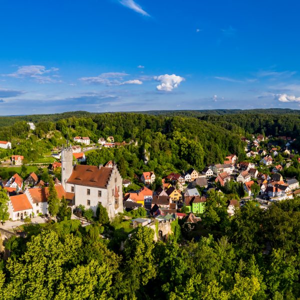 Aerial view, Gößweinstein with castle and pilgrimage church to the Holy Trinity, Franconian Switzerland, Upper Franconia, Franconia, Bavaria, Germany