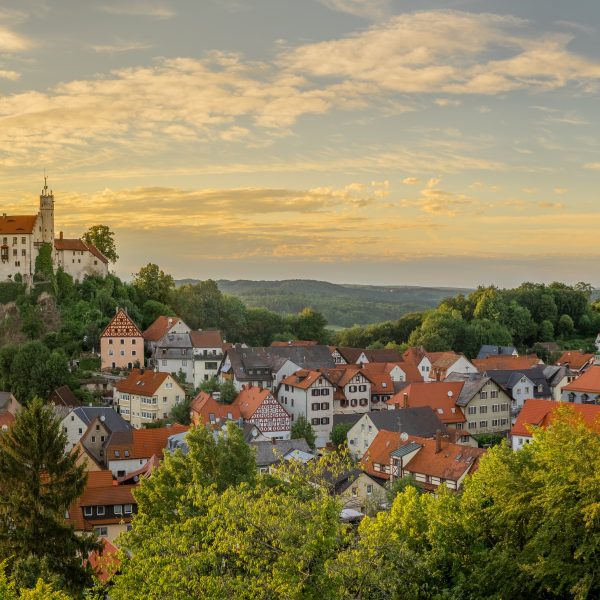 a group of buildings with a castle on top of it